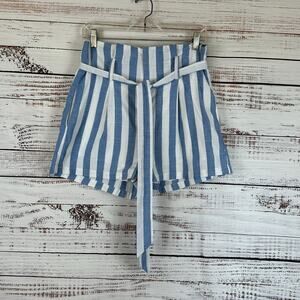 Women's Linen Lux Blue White Stripe Cotton High Waist Tie Shorts Career Casual M